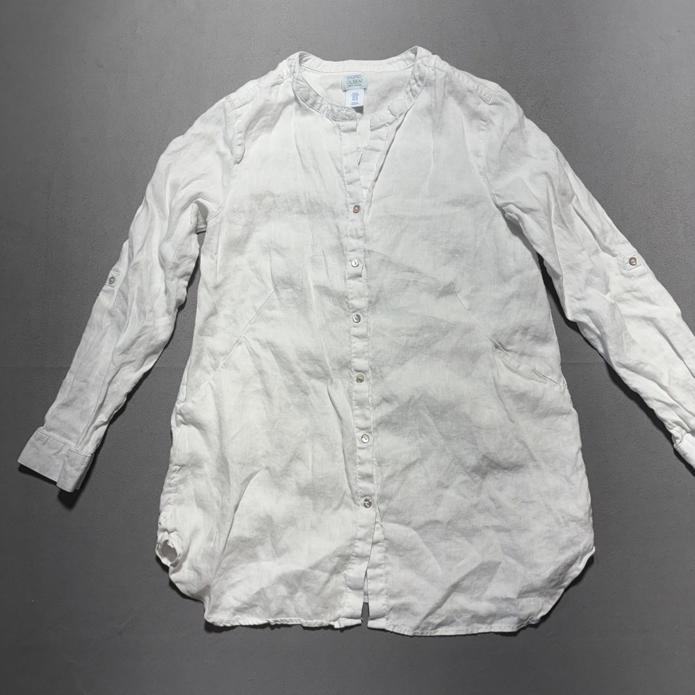 Sigrid Olsen White 100% Linen Tunic Button Down Shirt Mandarin Collar Pockets M